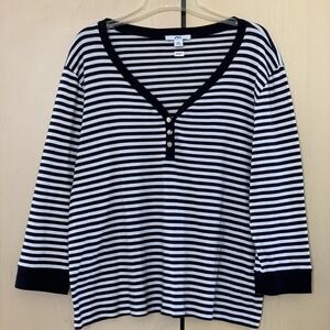 Anne Klein Sport Women's 3/4 Sleeve V Neck Cotton Top Stripe Navy White Size XXL